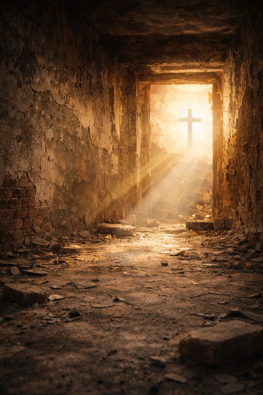 Stone corridor with glowing cross
